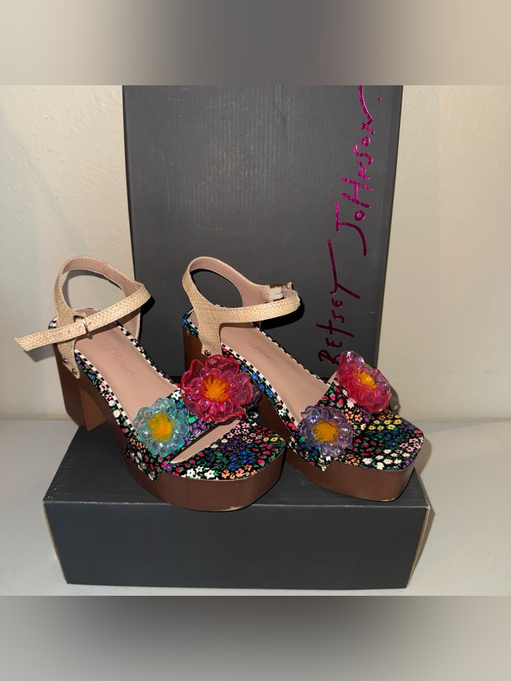 Betsey Johnson Multicolor Floral Platform Sandals with Pink Ankle Strap